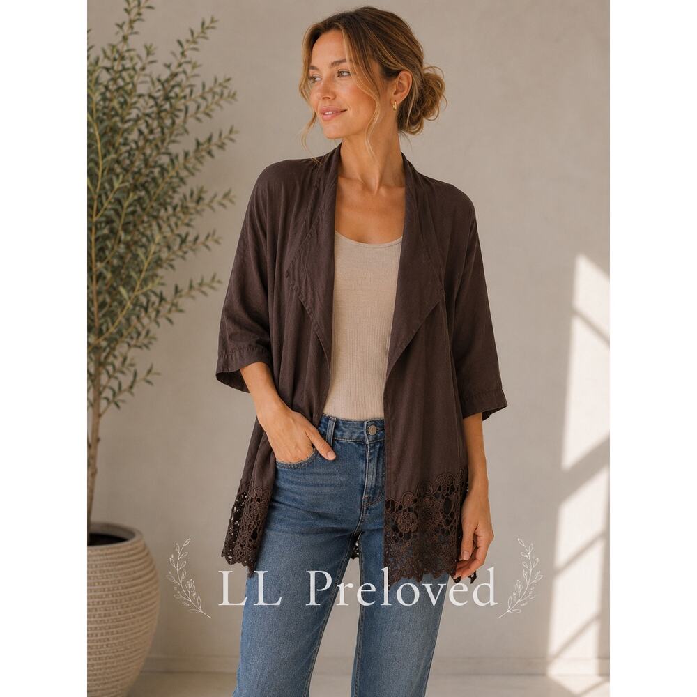 ISDA & Co Brown Linen Cotton Lace Hem Duster Cardigan Kimono Large